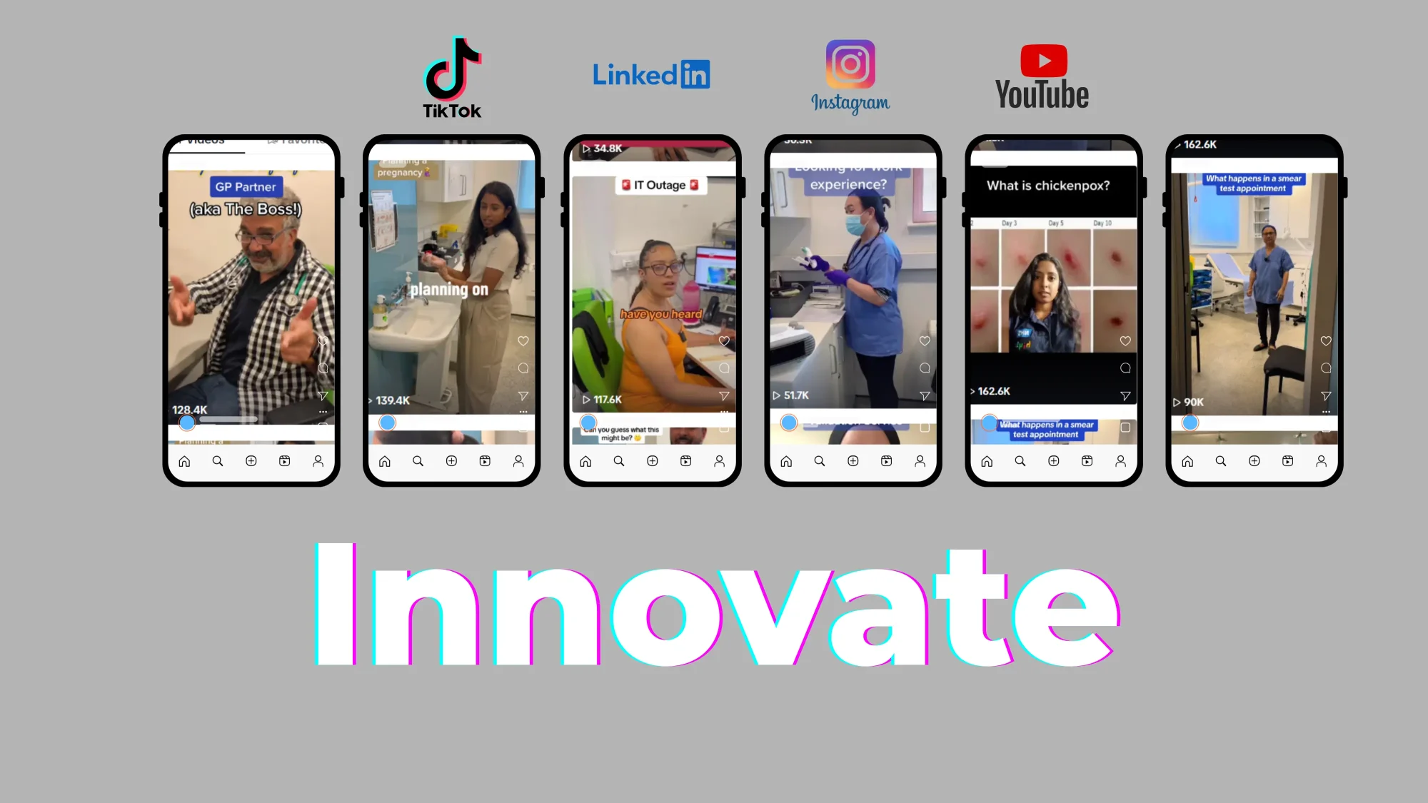 Healthcare Innovation, Title saying innovate and social media icons. Multiple mobile phones with different images from social media pages.
