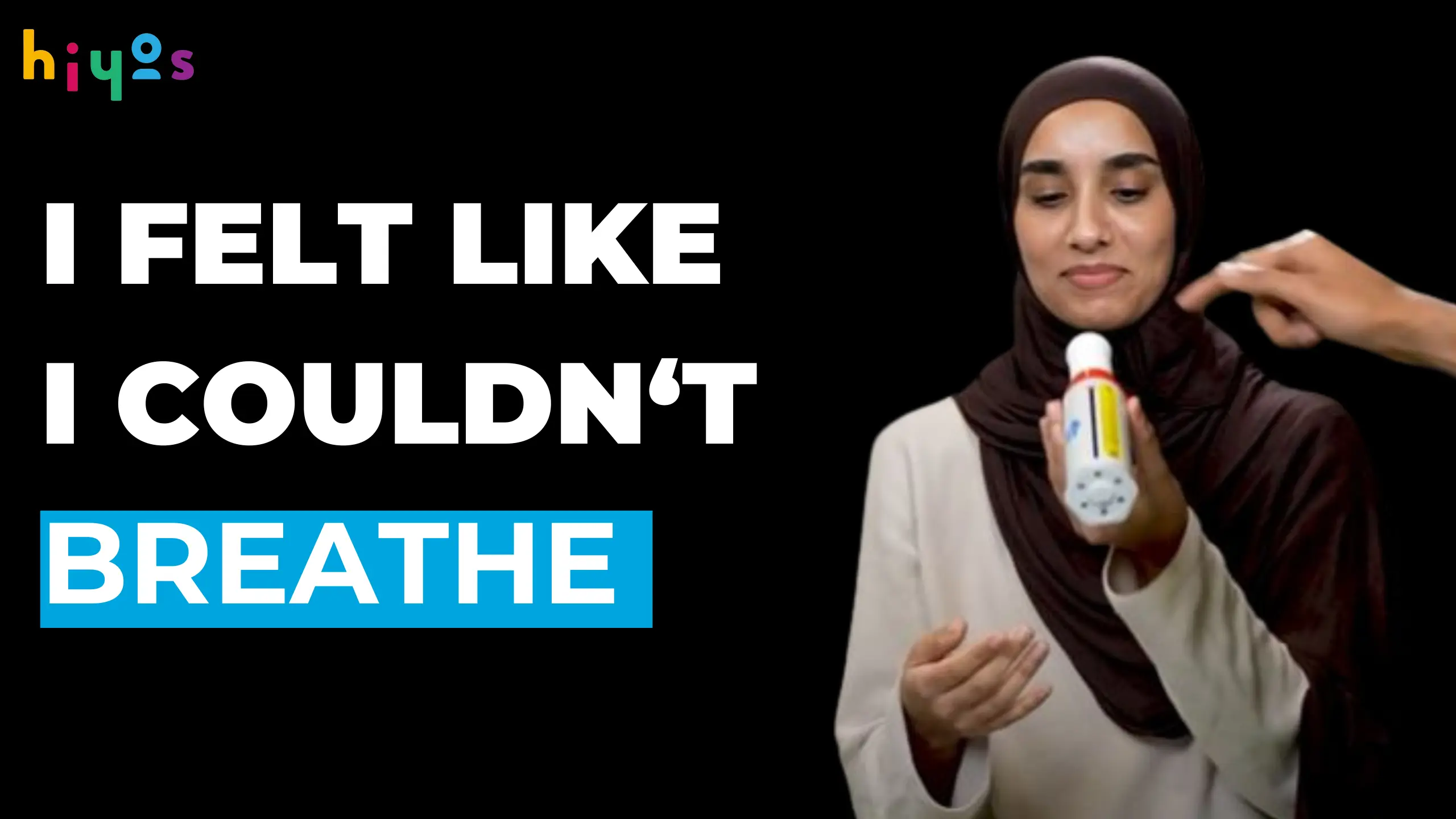 A woman holds a small peak flow meter to measure asthma while looking at it, with the text 'I FELT LIKE I COULDN'T BREATHE' displayed prominently beside her.
